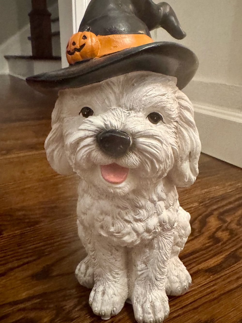 White Maltese Halloween Dog Statue with Black Witch Hat